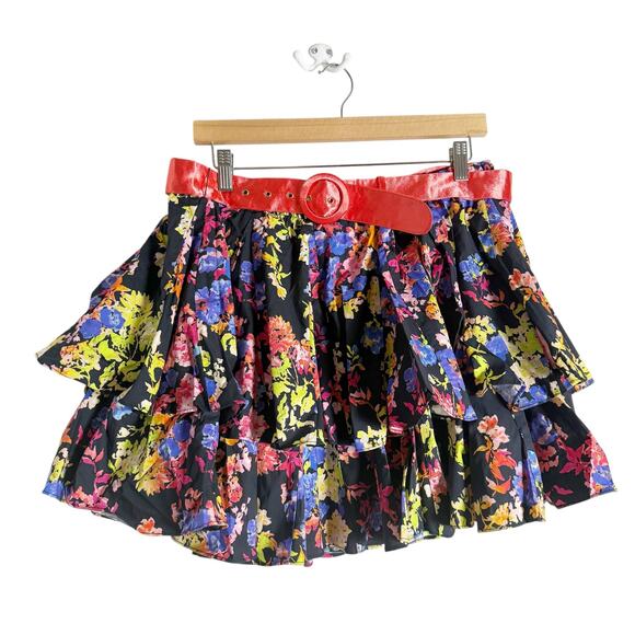 Caroline Constas Reign Black Multi Floral Tiered Ruffle Belted Mini Skirt XL - Picture 2 of 10